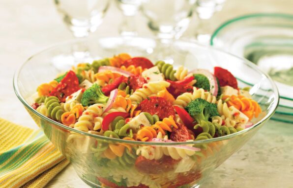 Pepperoni, mozzarella, and vegetables combine for an Italian-inspired pasta salad that’s easy and quick to pull together.